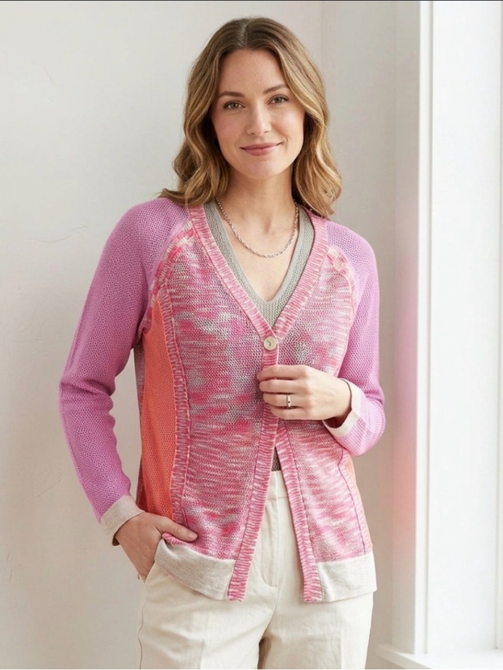 Curio New York Linen Blend Open Knit Cardigan Small Lagenlook Dopamine Festival